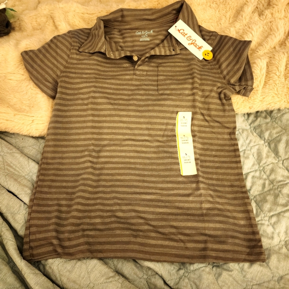 *nd Nwt Sz 6/7 Cat & Jack Gray Striped Kids Ss Polo Shirt - Must Be Bundled